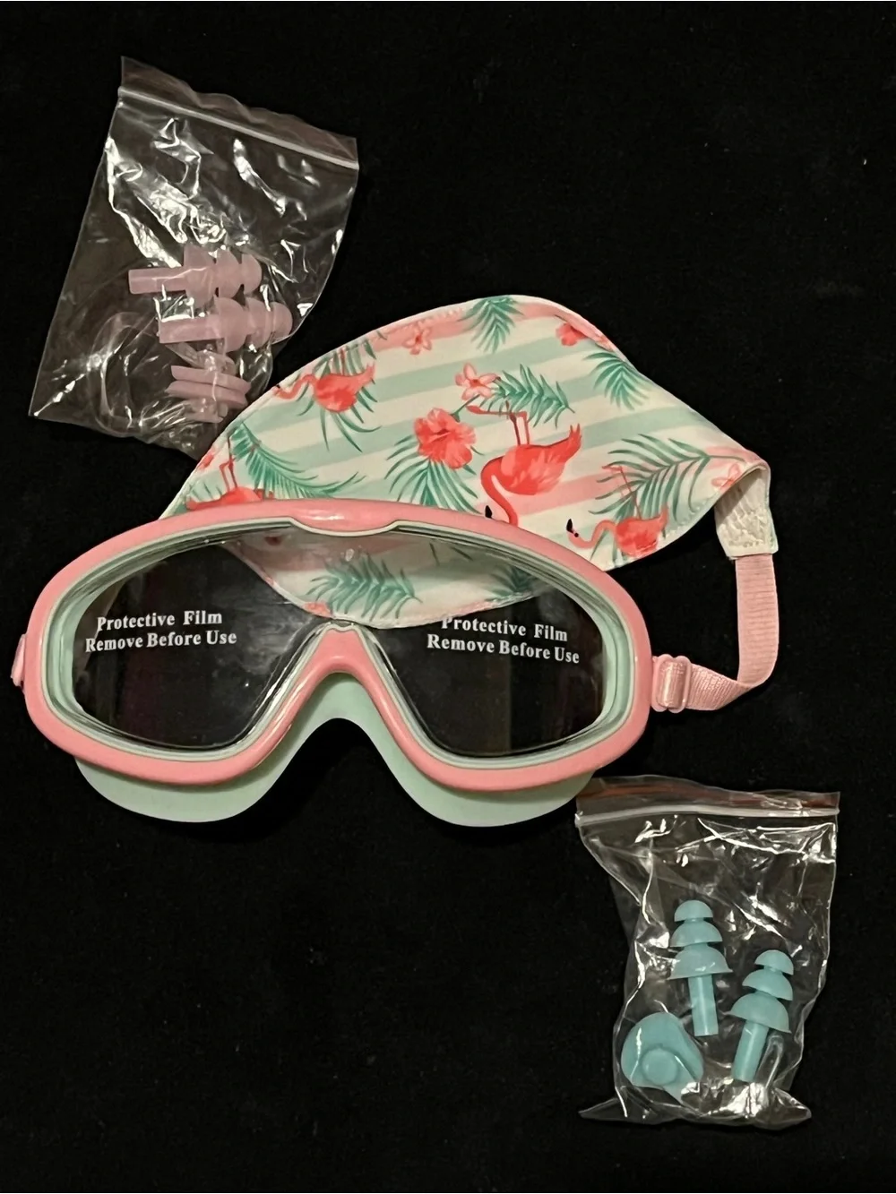 Pixel Panda Kids Flamingo Swim Goggles Set Cap Ear Plugs Nose Clip New